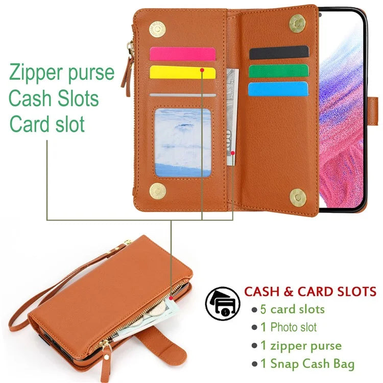 XL-001 For Samsung Galaxy A55 5G Case Zipper Pocket Wristband Stand Leather Phone Cover
