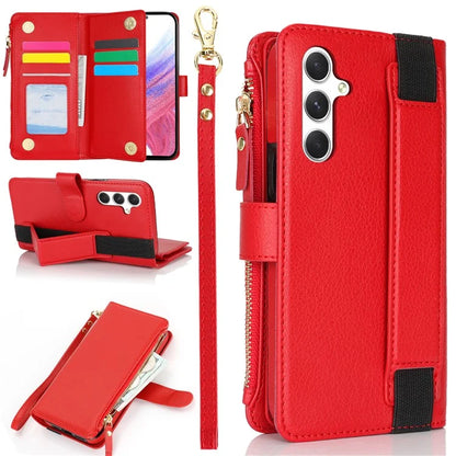 XL-001 For Samsung Galaxy A55 5G Case Zipper Pocket Wristband Stand Leather Phone Cover