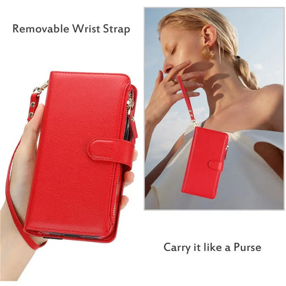 XL-001 For Samsung Galaxy A55 5G Case Zipper Pocket Wristband Stand Leather Phone Cover