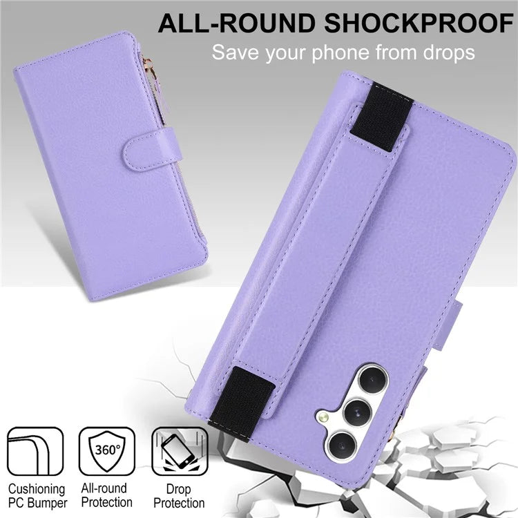XL-001 For Samsung Galaxy A15 4G / 5G Case Zipper Pocket Wristband Stand Leather Phone Cover
