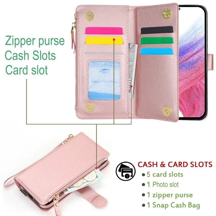 XL-001 For Samsung Galaxy A15 4G / 5G Case Zipper Pocket Wristband Stand Leather Phone Cover
