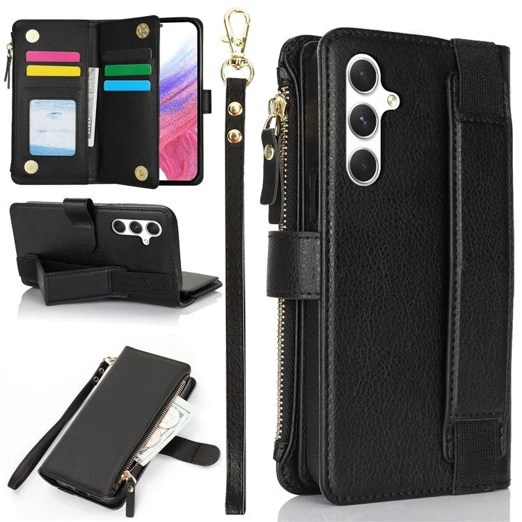 XL-001 For Samsung Galaxy A15 4G / 5G Case Zipper Pocket Wristband Stand Leather Phone Cover