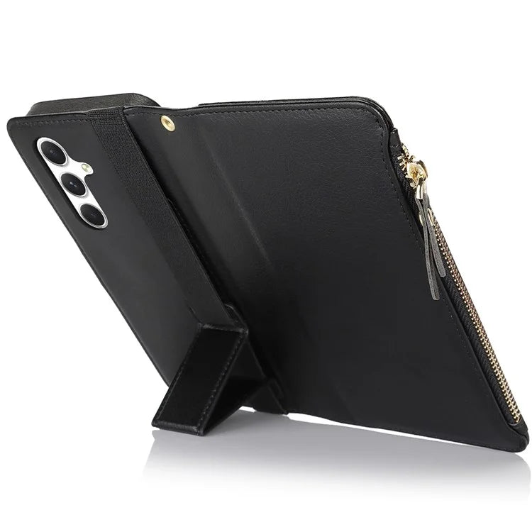 XL-001 For Samsung Galaxy A15 4G / 5G Case Zipper Pocket Wristband Stand Leather Phone Cover