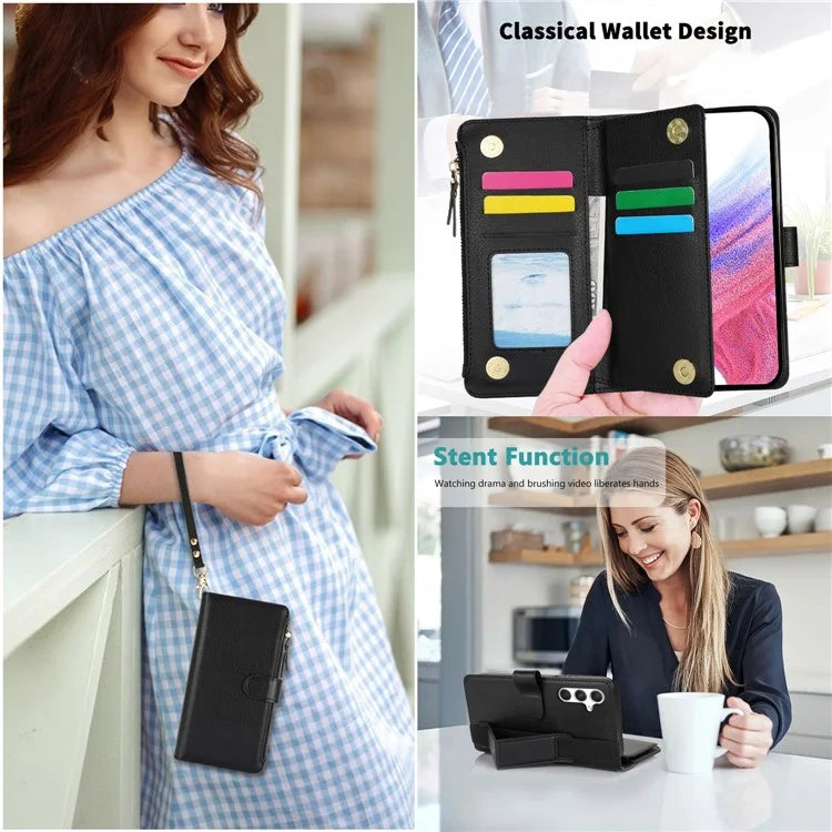 XL-001 For Samsung Galaxy A15 4G / 5G Case Zipper Pocket Wristband Stand Leather Phone Cover