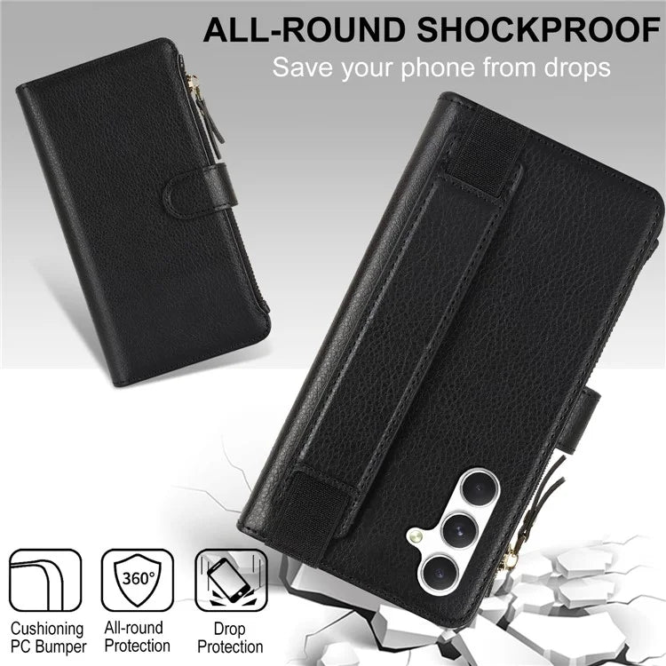 XL-001 For Samsung Galaxy A15 4G / 5G Case Zipper Pocket Wristband Stand Leather Phone Cover