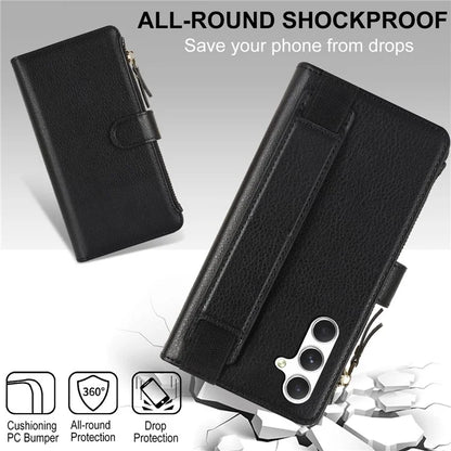 XL-001 For Samsung Galaxy A15 4G / 5G Case Zipper Pocket Wristband Stand Leather Phone Cover