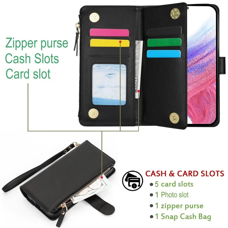 XL-001 For Samsung Galaxy A15 4G / 5G Case Zipper Pocket Wristband Stand Leather Phone Cover
