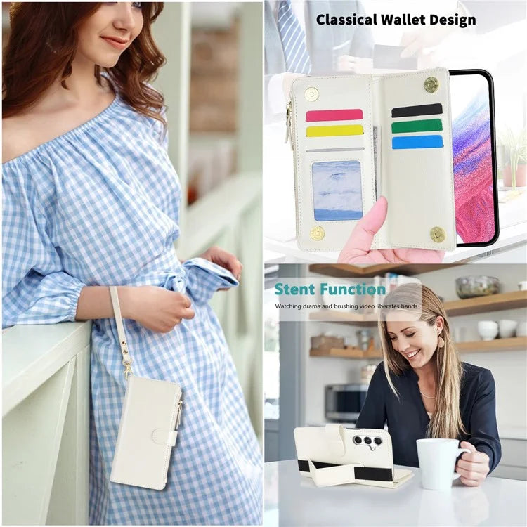 XL-001 For Samsung Galaxy A15 4G / 5G Case Zipper Pocket Wristband Stand Leather Phone Cover