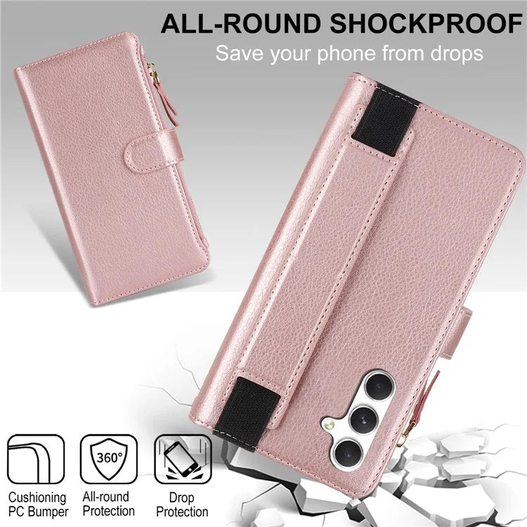 XL-001 For Samsung Galaxy S24+ Case Zipper Pocket Wristband Stand Leather Phone Cover