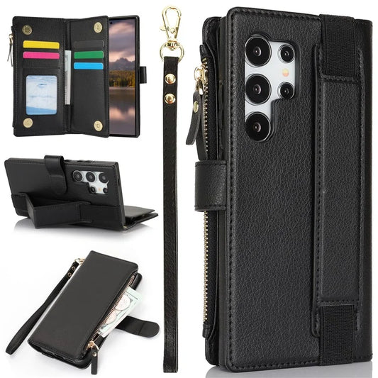 XL-001 For Samsung Galaxy S24 Ultra Case Zipper Pocket Wristband Stand Leather Phone Cover