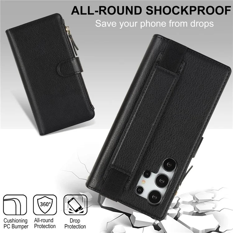 XL-001 For Samsung Galaxy S24 Ultra Case Zipper Pocket Wristband Stand Leather Phone Cover