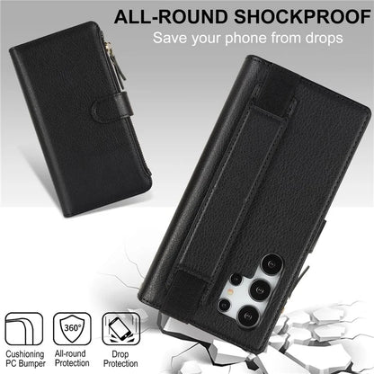 XL-001 For Samsung Galaxy S24 Ultra Case Zipper Pocket Wristband Stand Leather Phone Cover