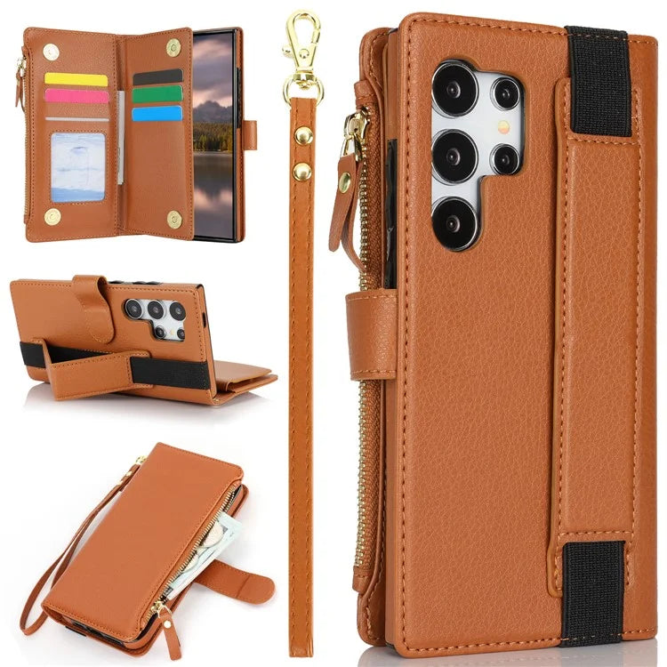 XL-001 For Samsung Galaxy S24 Ultra Case Zipper Pocket Wristband Stand Leather Phone Cover