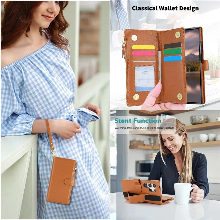XL-001 For Samsung Galaxy S24 Ultra Case Zipper Pocket Wristband Stand Leather Phone Cover