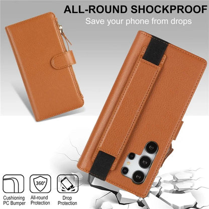 XL-001 For Samsung Galaxy S24 Ultra Case Zipper Pocket Wristband Stand Leather Phone Cover