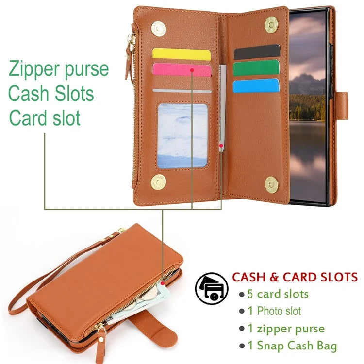XL-001 For Samsung Galaxy S24 Ultra Case Zipper Pocket Wristband Stand Leather Phone Cover