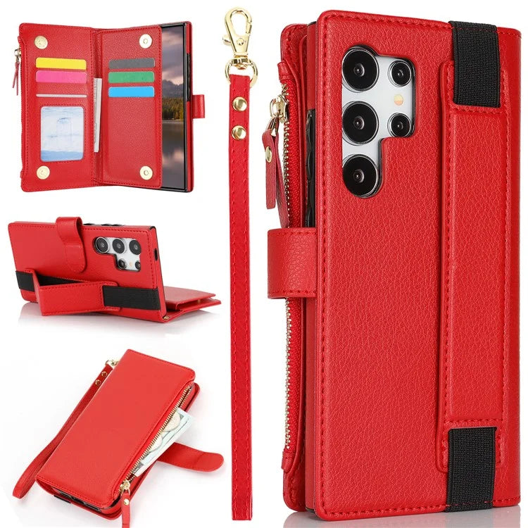 XL-001 For Samsung Galaxy S24 Ultra Case Zipper Pocket Wristband Stand Leather Phone Cover