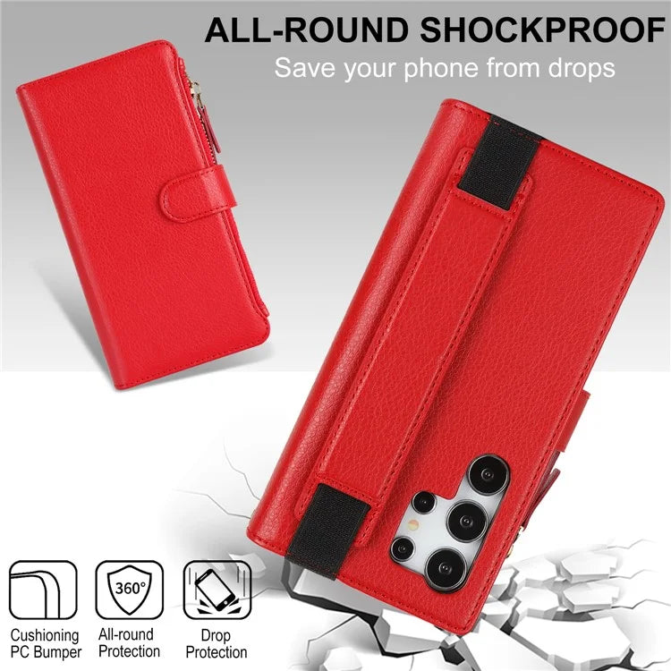 XL-001 For Samsung Galaxy S24 Ultra Case Zipper Pocket Wristband Stand Leather Phone Cover