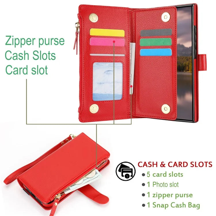 XL-001 For Samsung Galaxy S24 Ultra Case Zipper Pocket Wristband Stand Leather Phone Cover