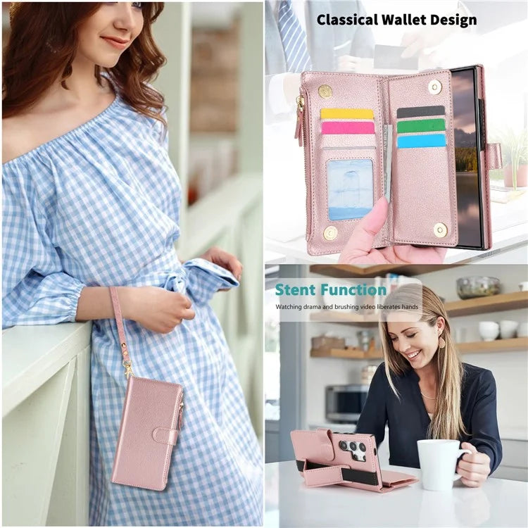 XL-001 For Samsung Galaxy S24 Ultra Case Zipper Pocket Wristband Stand Leather Phone Cover