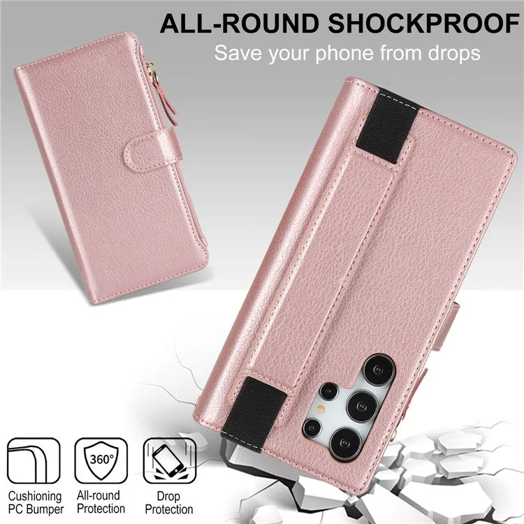 XL-001 For Samsung Galaxy S24 Ultra Case Zipper Pocket Wristband Stand Leather Phone Cover