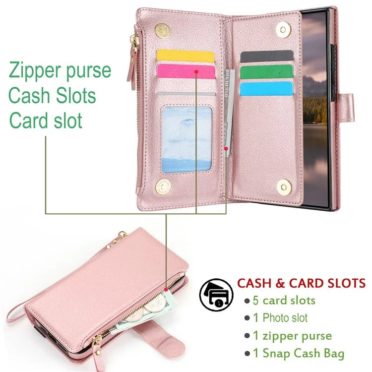 XL-001 For Samsung Galaxy S24 Ultra Case Zipper Pocket Wristband Stand Leather Phone Cover