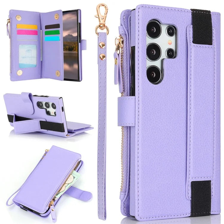 XL-001 For Samsung Galaxy S24 Ultra Case Zipper Pocket Wristband Stand Leather Phone Cover