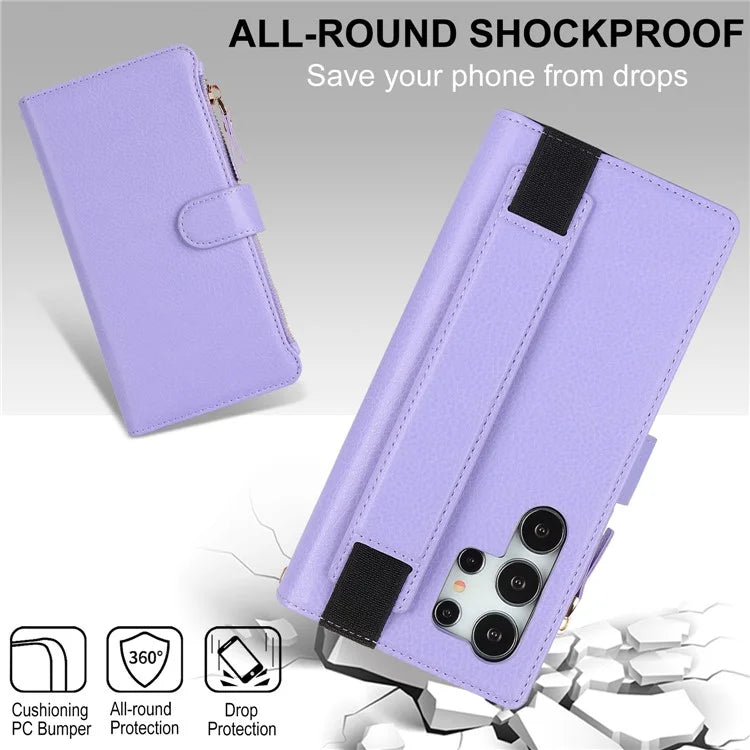 XL-001 For Samsung Galaxy S24 Ultra Case Zipper Pocket Wristband Stand Leather Phone Cover