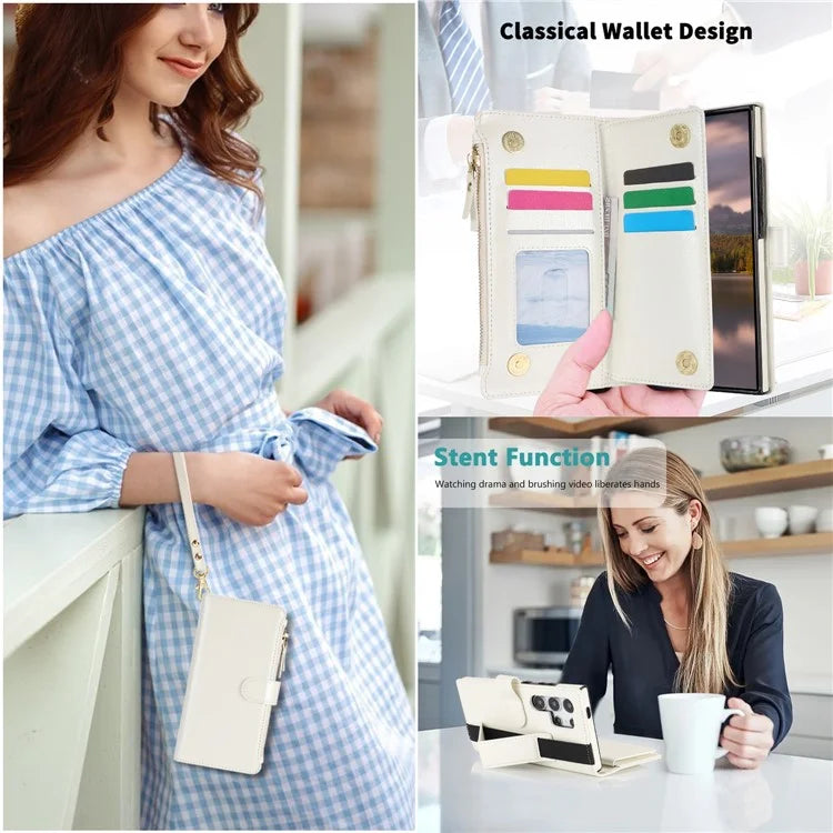 XL-001 For Samsung Galaxy S24 Ultra Case Zipper Pocket Wristband Stand Leather Phone Cover