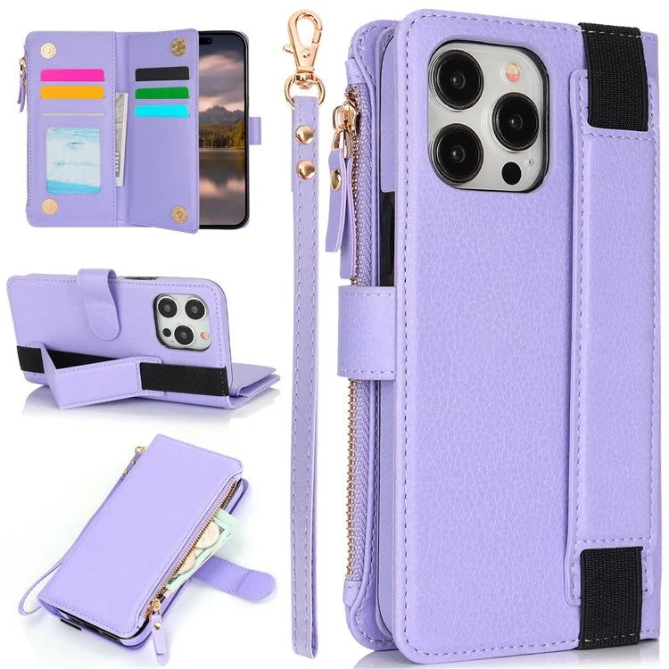 XL-001 For iPhone 16 Pro Max Case Zipper Pocket Wristband Stand Leather Phone Cover