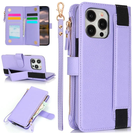 XL-001 For iPhone 16 Pro Max Case Zipper Pocket Wristband Stand Leather Phone Cover