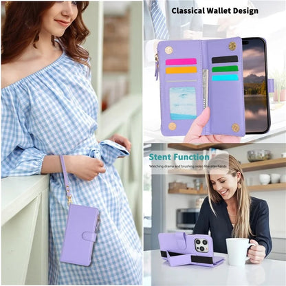 XL-001 For iPhone 16 Pro Max Case Zipper Pocket Wristband Stand Leather Phone Cover