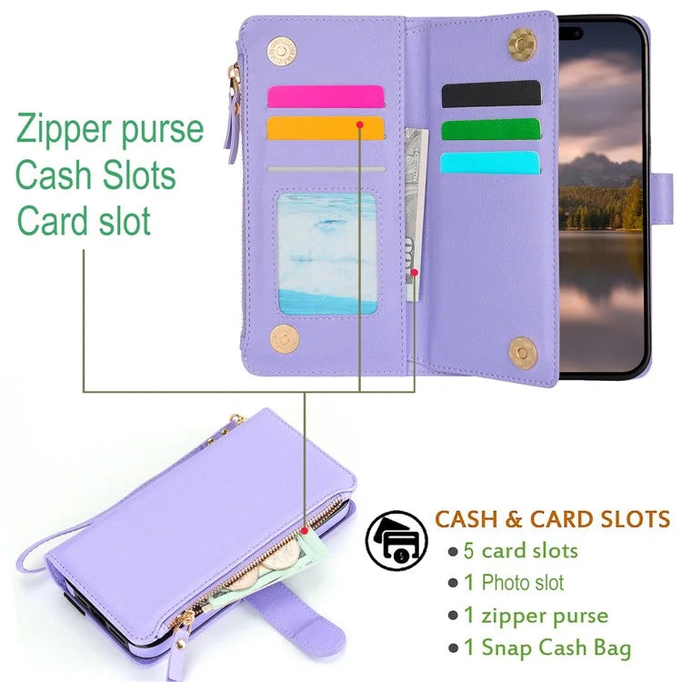 XL-001 For iPhone 16 Pro Max Case Zipper Pocket Wristband Stand Leather Phone Cover