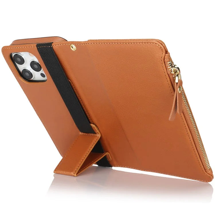XL-001 For iPhone 16 Pro Max Case Zipper Pocket Wristband Stand Leather Phone Cover