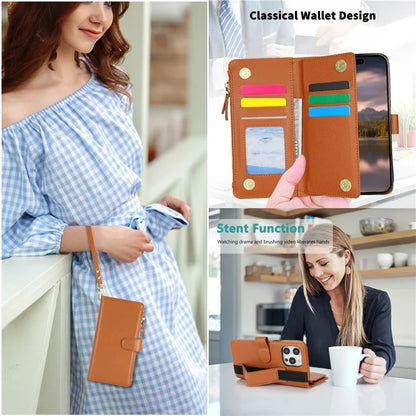 XL-001 For iPhone 16 Pro Max Case Zipper Pocket Wristband Stand Leather Phone Cover