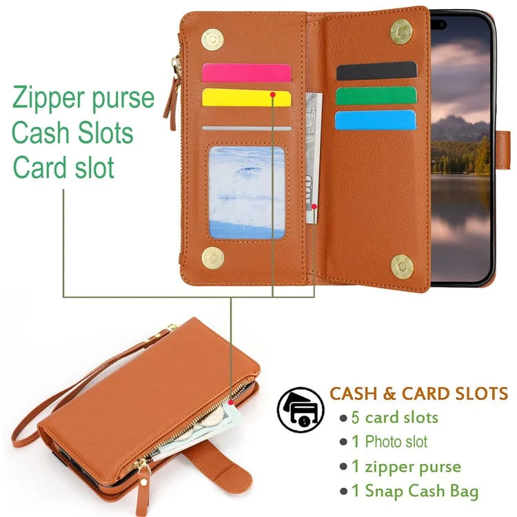 XL-001 For iPhone 16 Pro Max Case Zipper Pocket Wristband Stand Leather Phone Cover