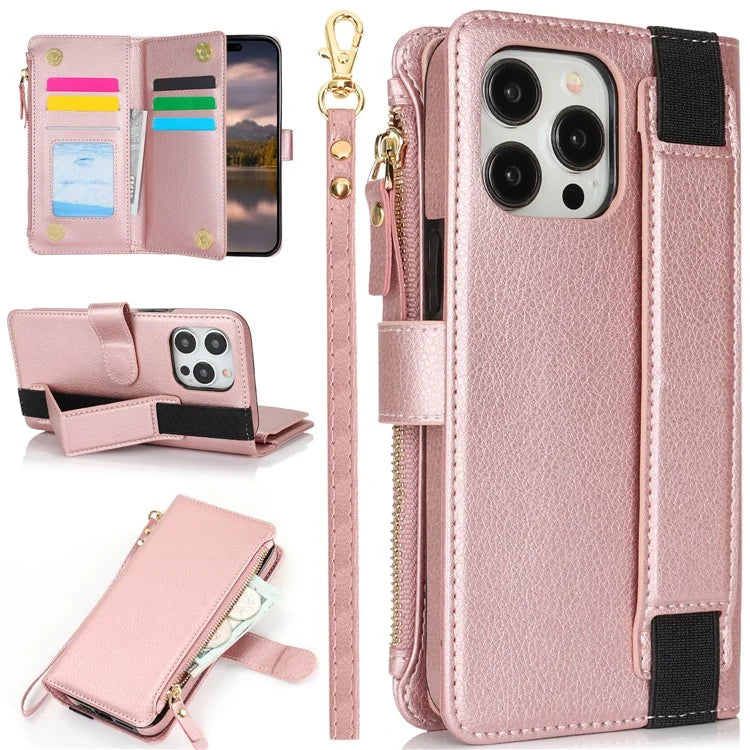 XL-001 For iPhone 16 Pro Max Case Zipper Pocket Wristband Stand Leather Phone Cover
