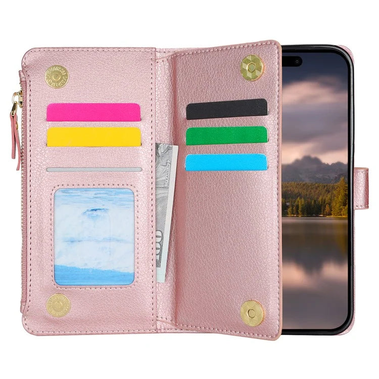 XL-001 For iPhone 16 Pro Max Case Zipper Pocket Wristband Stand Leather Phone Cover