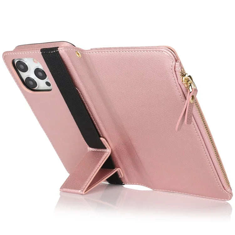 XL-001 For iPhone 16 Pro Max Case Zipper Pocket Wristband Stand Leather Phone Cover