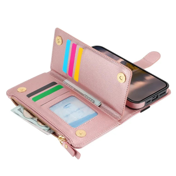 XL-001 For iPhone 16 Pro Max Case Zipper Pocket Wristband Stand Leather Phone Cover