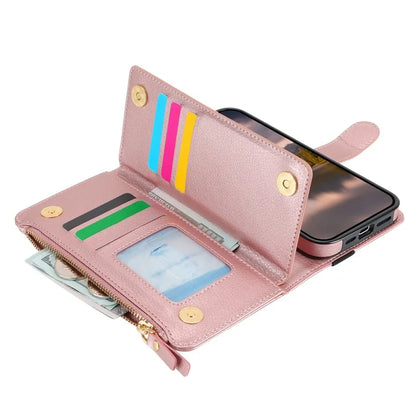 XL-001 For iPhone 16 Pro Max Case Zipper Pocket Wristband Stand Leather Phone Cover