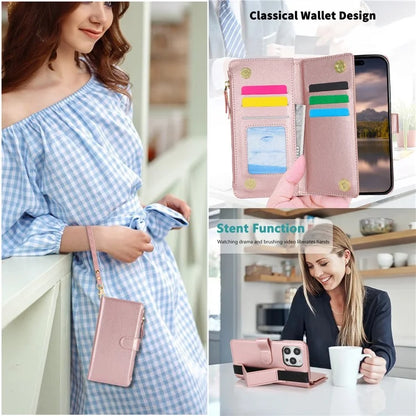 XL-001 For iPhone 16 Pro Max Case Zipper Pocket Wristband Stand Leather Phone Cover