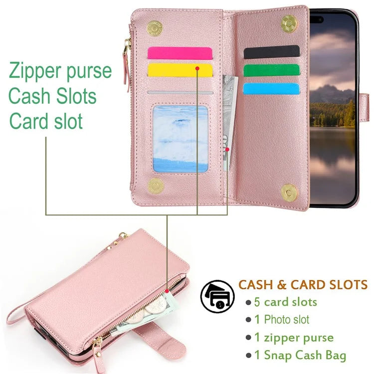 XL-001 For iPhone 16 Pro Max Case Zipper Pocket Wristband Stand Leather Phone Cover