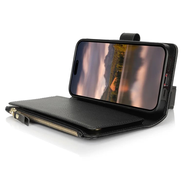 XL-001 For iPhone 16 Pro Max Case Zipper Pocket Wristband Stand Leather Phone Cover
