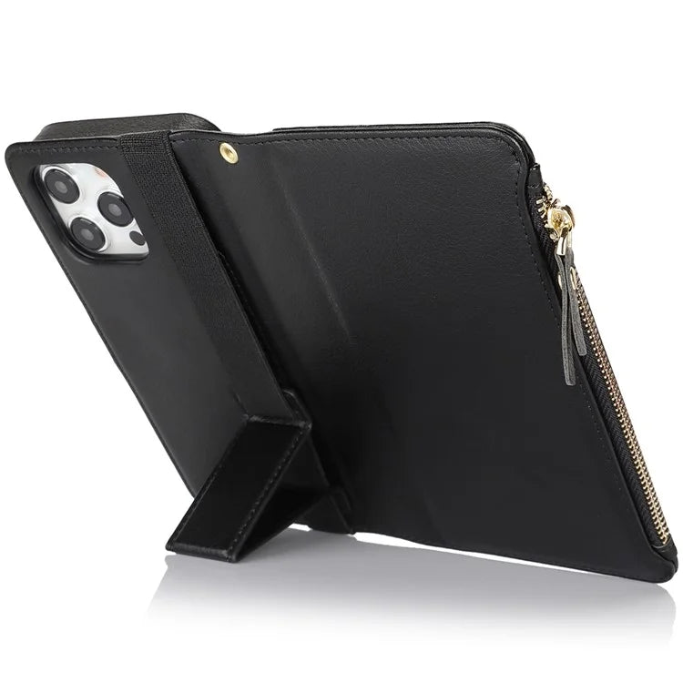 XL-001 For iPhone 16 Pro Max Case Zipper Pocket Wristband Stand Leather Phone Cover