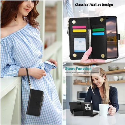XL-001 For iPhone 16 Pro Max Case Zipper Pocket Wristband Stand Leather Phone Cover