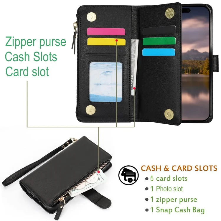 XL-001 For iPhone 16 Pro Max Case Zipper Pocket Wristband Stand Leather Phone Cover