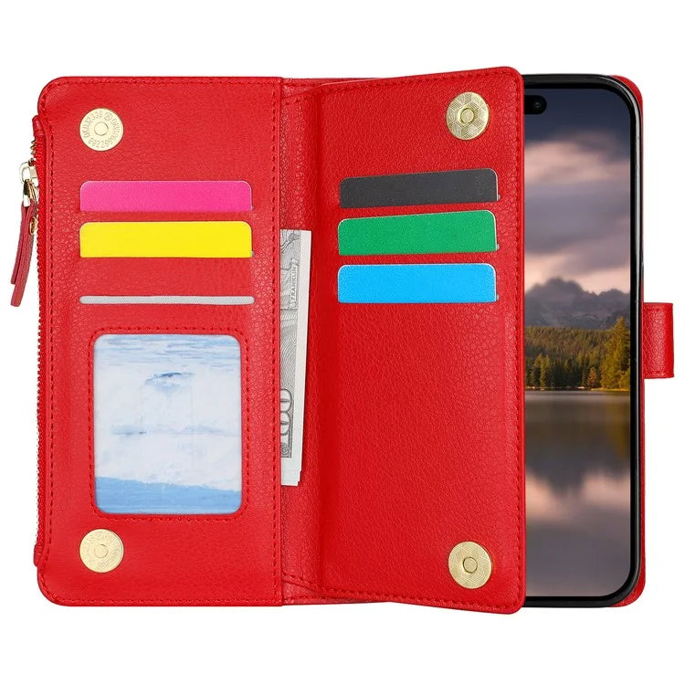 XL-001 For iPhone 16 Pro Max Case Zipper Pocket Wristband Stand Leather Phone Cover