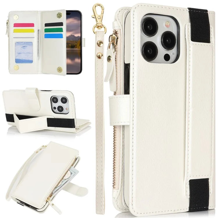 XL-001 For iPhone 16 Pro Max Case Zipper Pocket Wristband Stand Leather Phone Cover
