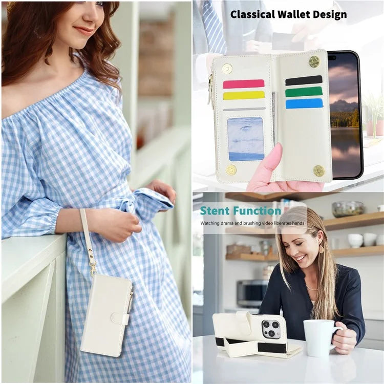 XL-001 For iPhone 16 Pro Max Case Zipper Pocket Wristband Stand Leather Phone Cover